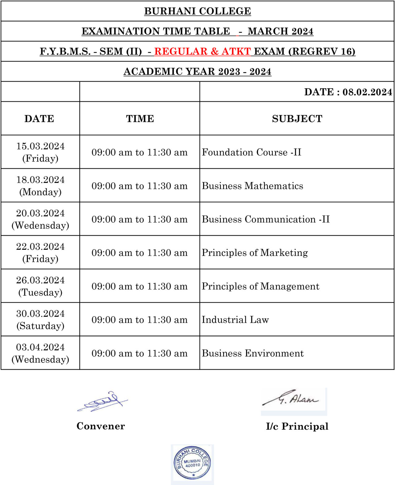 REGULAR AND ATKT EXAM TIME TABLE SEM – II MARCH – 2024 | Burhani College